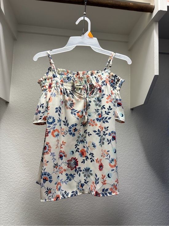 Tops - Off-Shoulder Floral Top in Ivory with Blue & Coral Print